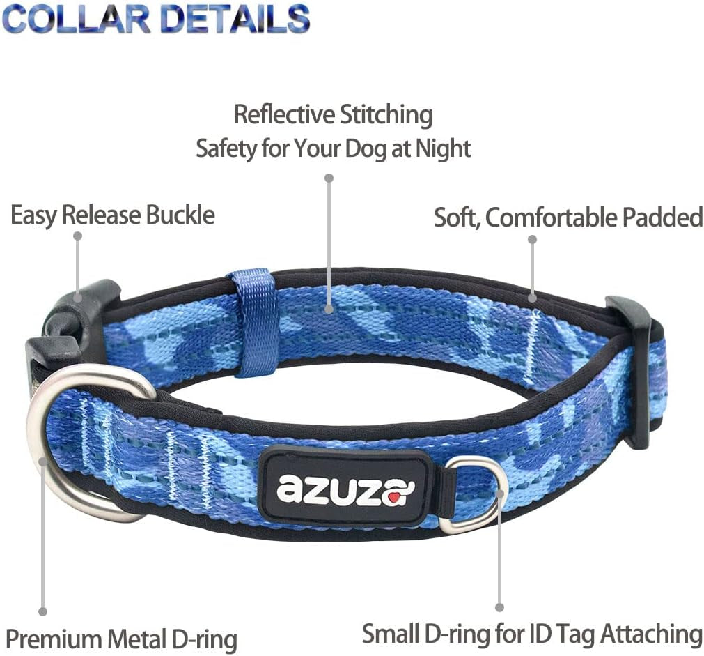 Blue Camo Reflective Dog Collar and Leash Set with AirTag Holder, Padded Design for Medium Dogs