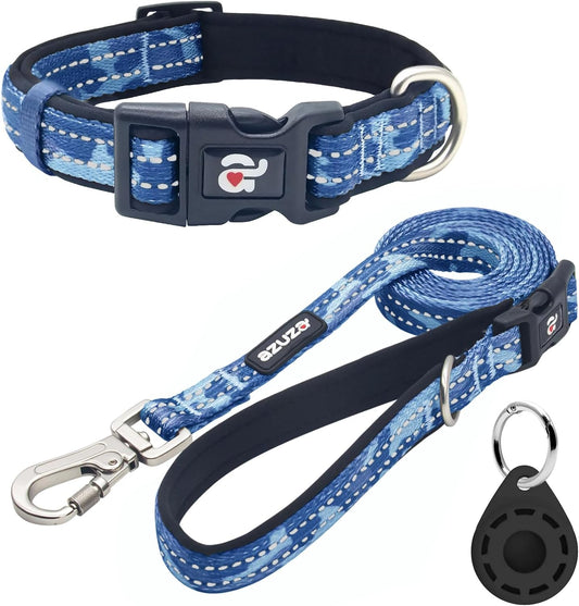 Blue Camo Reflective Dog Collar and Leash Set with AirTag Holder, Padded Design for Medium Dogs