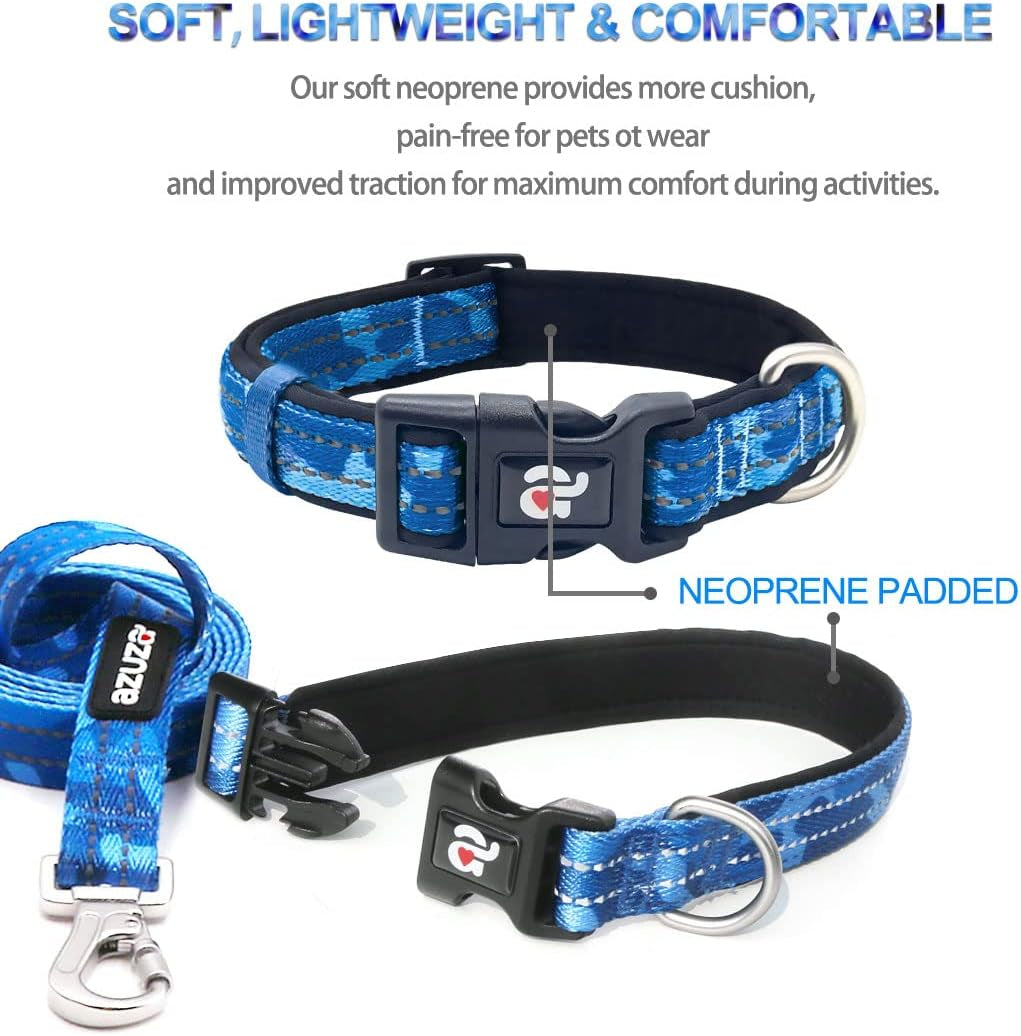 Blue Camo Reflective Dog Collar and Leash Set with AirTag Holder, Padded Design for Medium Dogs